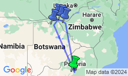 Google Map: Zuidelijk Afrika: Een unieke ervaring aan de rand van de wereld met het naprogramma 'Van Zimbabwe tot Zuid-Afrika in een luxe trein'. (formule haven/haven)