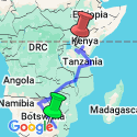 Google Map: Johannesburg to Nairobi Overland: Waterfalls & Beaches