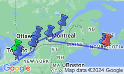 Google Map: Ontario & French Canada with Ocean Train to Halifax