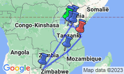 Google Map: Rondreis Kenia, Tanzania, Zanzibar, Malawi, Zambia & Zimbabwe, 26 dagen kampeerreis