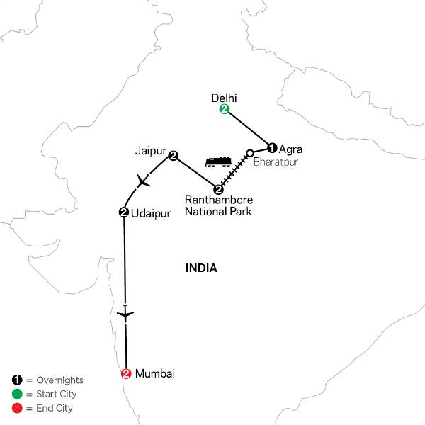 Map: India: Land of the Taj & Tigers with Udaipur & Mumbai (Cosmos)