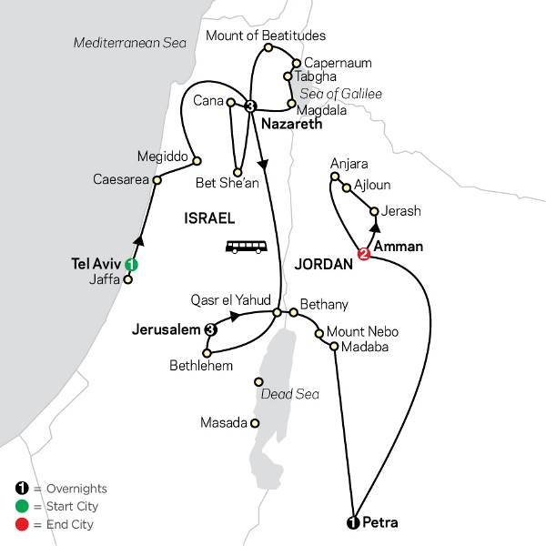 Map: Holy Land Discovery with Jordan - Faith-Based Travel - Catholic Itinerary (Cosmos)