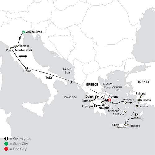 Map: The Best of Italy & Greece with Iconic Aegean Islands Cruise (Cosmos)