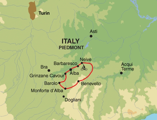 Map: Cycling the Wine Villages of Piedmont (Exodus)