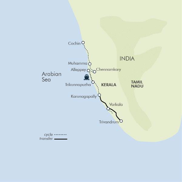 Map: Cycle the Coast of Kerala (Exodus)