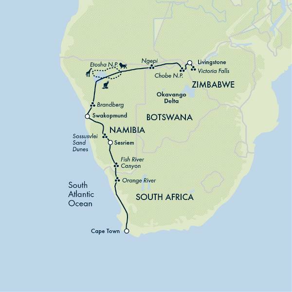 Map: Cape Town to Victoria Falls - Hotel/Lodge (Exodus)