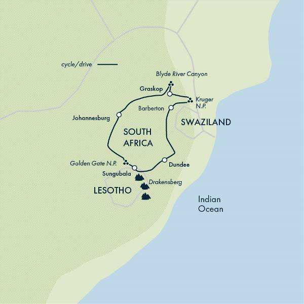 Map: Cycling the Drakensberg & Kruger (Exodus)
