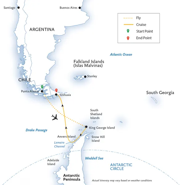 Map: Antarctic Express: Fly South, Sail North via Buenos Aires (Exodus)