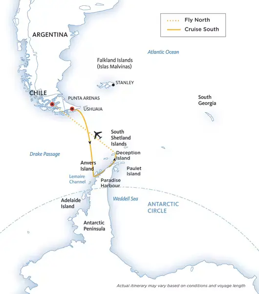 Map: Antarctic Express: Sail South, Fly North via Buenos Aires (Exodus)