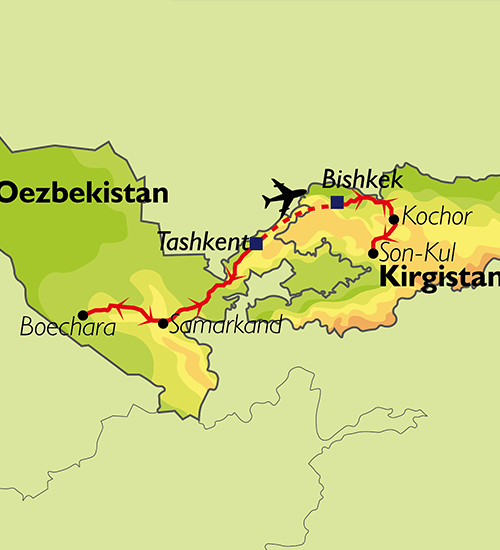 Map: Vlieg-rondreis Oezbekistan & Kirgistan: Langs de legendarische zijderoute (Oad)