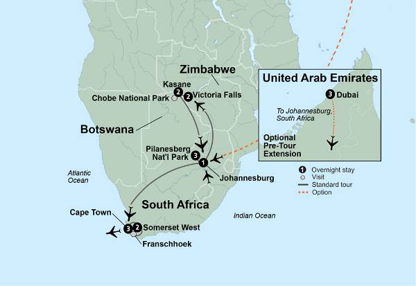 Map: Exploring South Africa, Victoria Falls & Botswana (Collette)