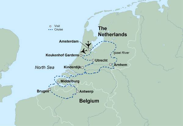 Map: Holland & Belgium Springtime River Cruise (Collette)