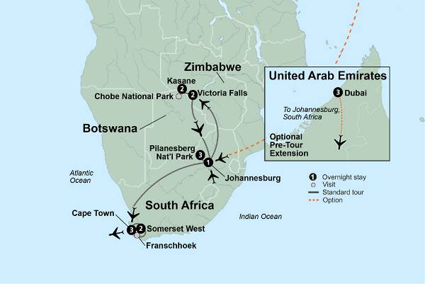 Map: Exploring South Africa, Victoria Falls & Botswana (Collette)