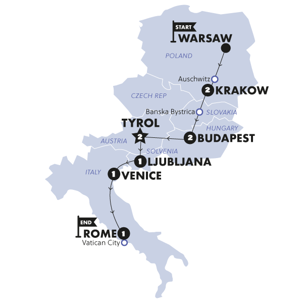 Map: Warsaw to Rome Vistas (Contiki)