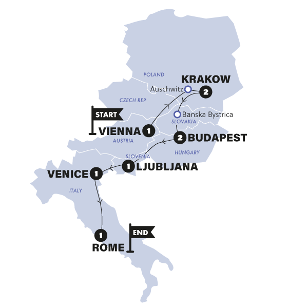 Map: Vienna to Rome Trail (Contiki)