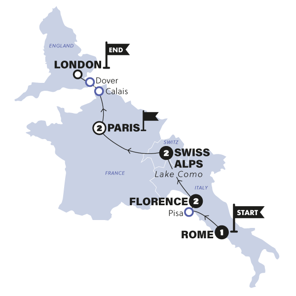 Map: Rome to London Trail (Contiki)