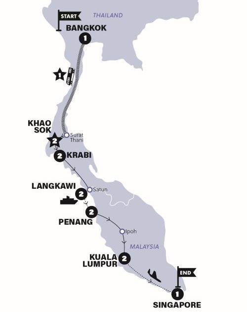 Map: Bangkok to Singapore Adventure (Contiki)