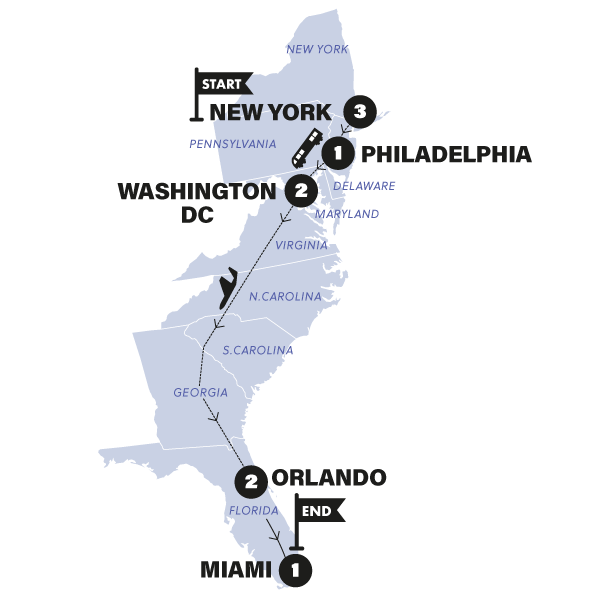 Map: New York to Miami (Contiki)
