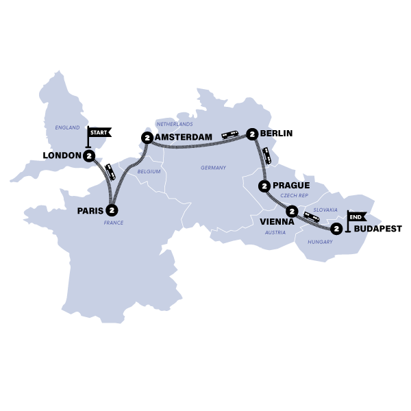 Map: London to Budapest by Train (Contiki)