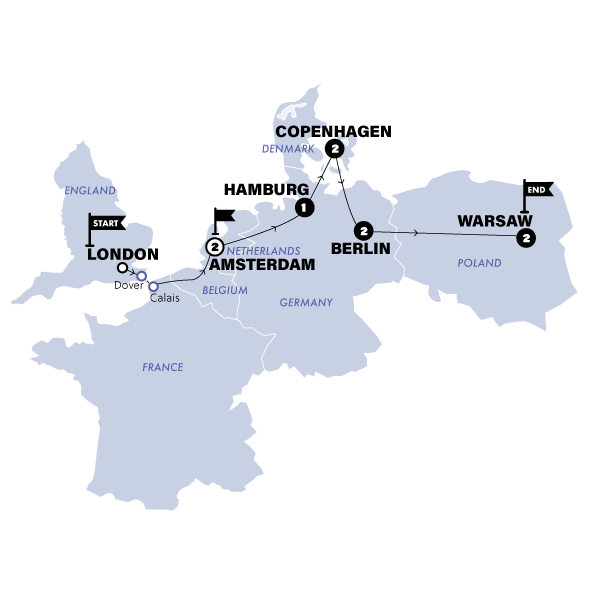Map: London to Warsaw Vistas (Contiki)