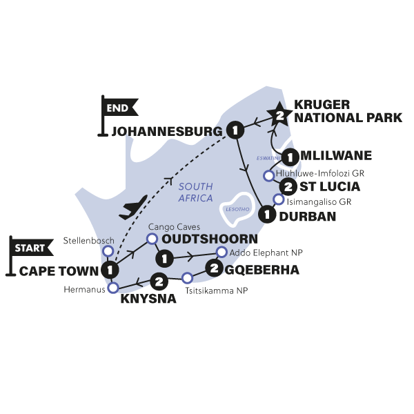 Map: Sea, Safari, South Africa (Contiki)
