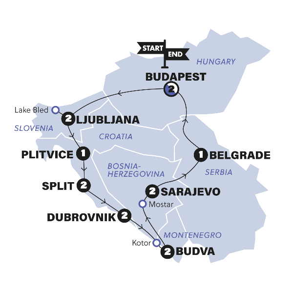 Map: Best of Balkans start Budapest (Contiki)