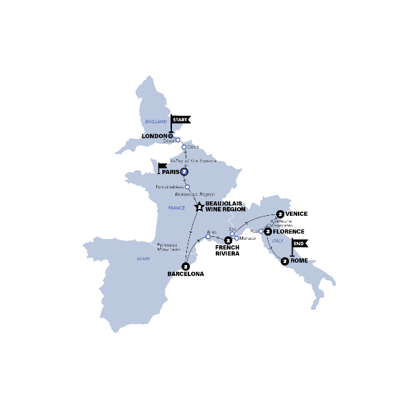Map: London to Rome (Contiki)