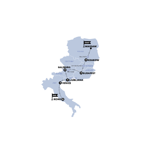 Map: Warsaw to Rome Vistas (Contiki)