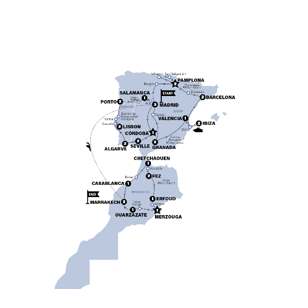 Map: Best of Spain, Portugal and Morocco (Contiki)