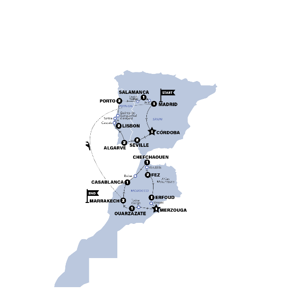 Map: Spain, Portugal and Morocco Highlights (Contiki)