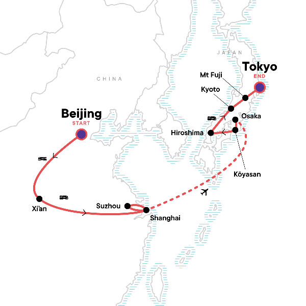 Map: Beijing to Tokyo: The Great Wall & Mt Fuji (G Adventures)
