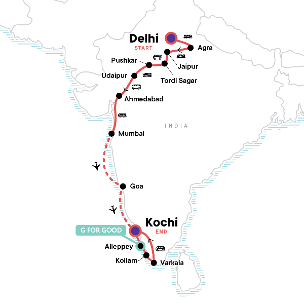Map: North to South India: The Taj Mahal & Goa Good Times (G Adventures)