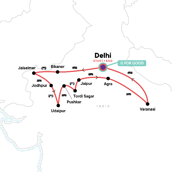 Map: Rajasthan and Varanasi: Bike Tours & the Taj Mahal (G Adventures)