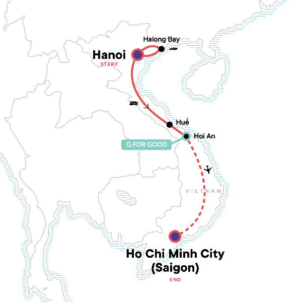 Map: Classic Vietnam: Hanoi to Ho Chi Minh City (G Adventures)
