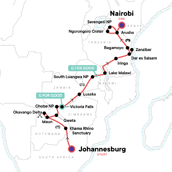 Map: Johannesburg to Nairobi Overland: Waterfalls & Beaches (G Adventures)