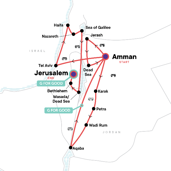 Map: Jordan and Israel Adventure (G Adventures)