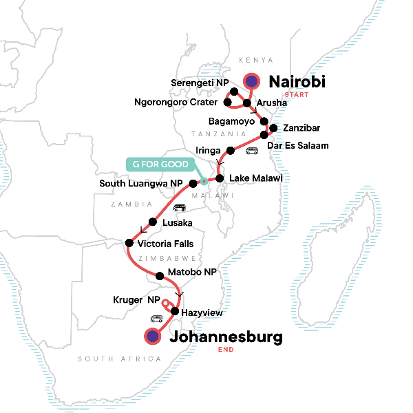 Map: Nairobi to Joburg Overland: Craters & Camping (G Adventures)