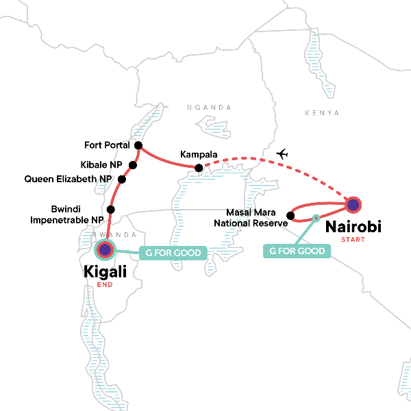 Map: Masai Mara & Gorilla Adventure (G Adventures)