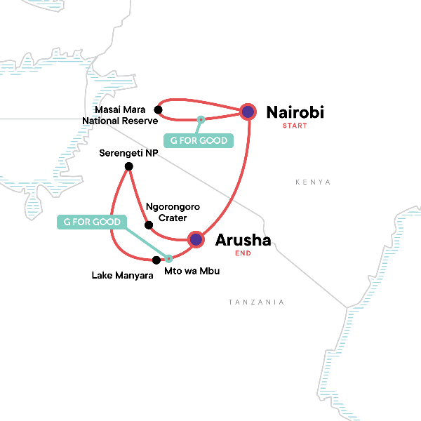 Map: Masai & Tanzania Camping Safari (G Adventures)