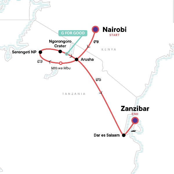 Map: Nairobi to Zanzibar: Serengeti & Sunsets (G Adventures)
