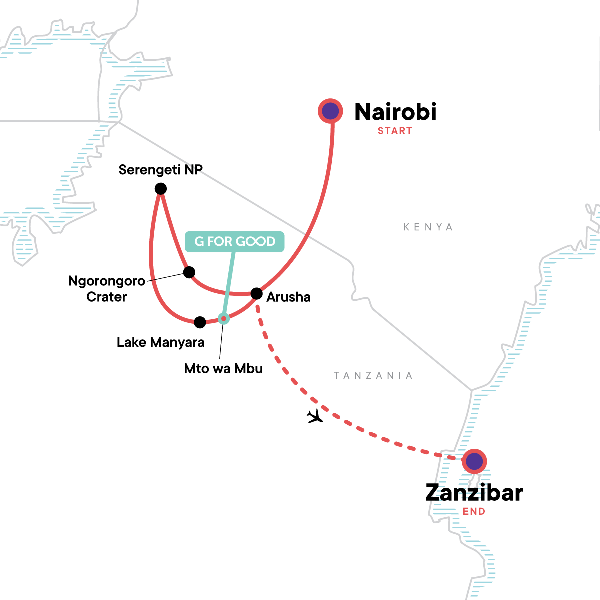 Map: Classic Serengeti & Zanzibar (G Adventures)