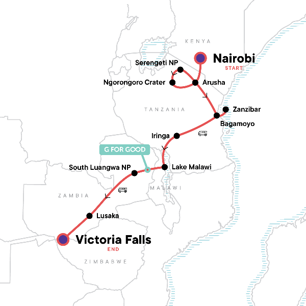 Map: Serengeti to Victoria Falls Overland: Night Stars & Spices (G Adventures)