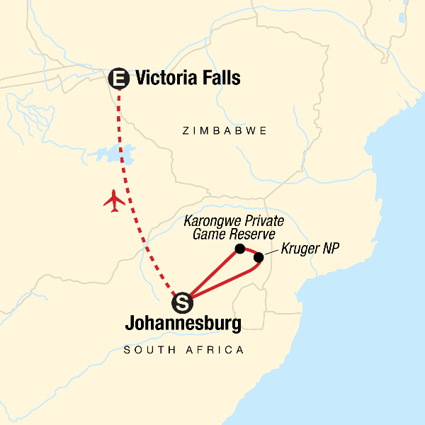 Map: Explore Kruger & Victoria Falls (G Adventures)