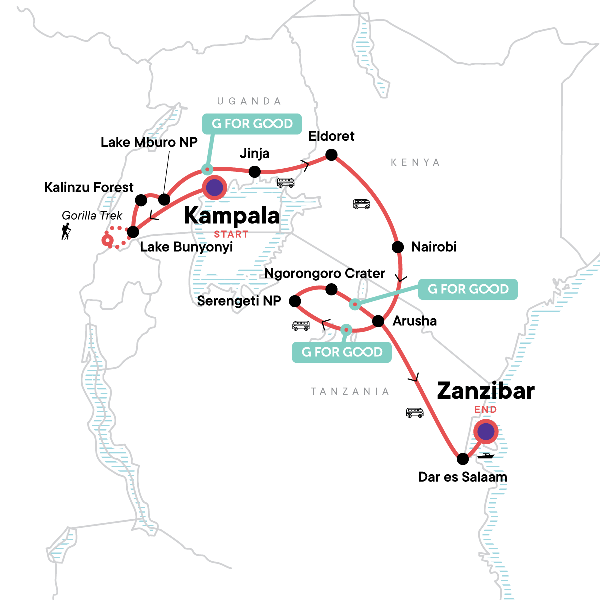 Map: East Africa Overland: Serengeti & Safari Drives (G Adventures)