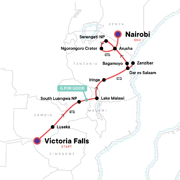 Map: Victoria Falls & Serengeti Overland: Lakes & Landos (G Adventures)