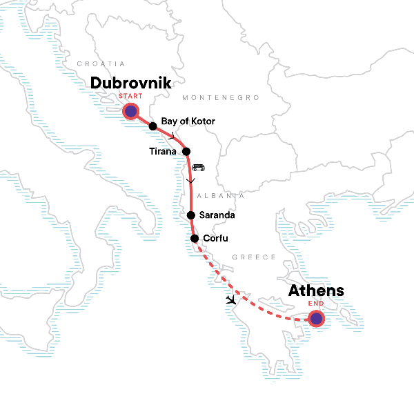 Map: Dubrovnik to Athens: Beachfronts & Fortresses (G Adventures)