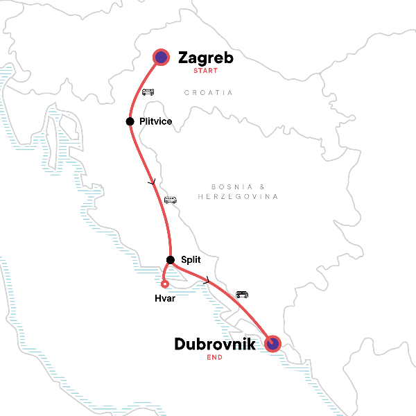Map: Zagreb to Dubrovnik: Parties & Plitvice Lakes (G Adventures)