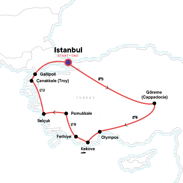Map: Turkey: Coastlines & Cappadocia (G Adventures)