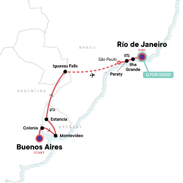 Map: Buenos Aires to Rio de Janeiro: Falls & Footy (G Adventures)