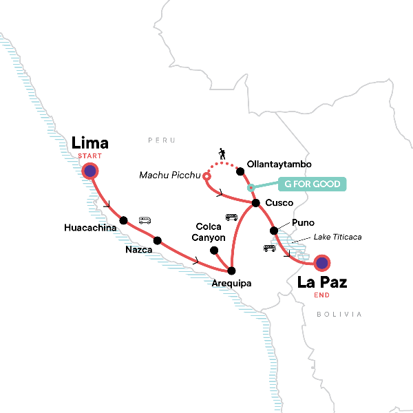 Map: Lima to La Paz: Sandboarding & Sunsets (G Adventures)